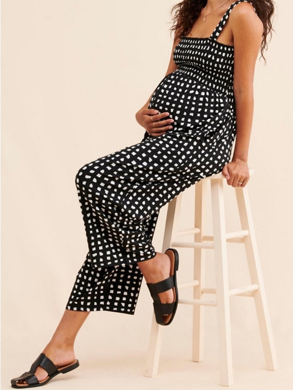 Ingrid & Isabel Black and White Smocked bodice maternity Jumpsuit
